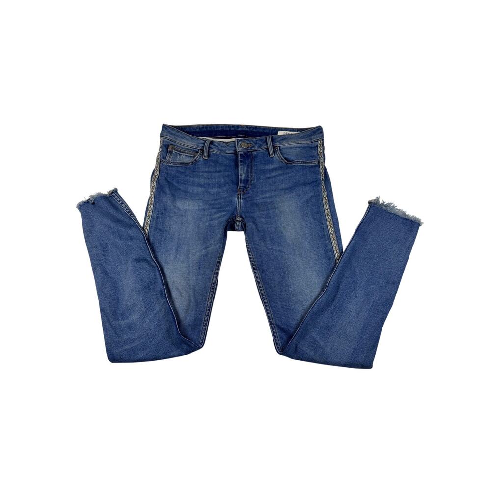 REIKO Lily Denim Herring Jeans Women 28 Blue Side Stripe Raw Hem Skinny Ankle
